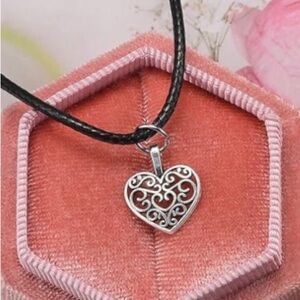 Elegant Silver Heart Pendant Necklace on adjustable black leather cord. New.